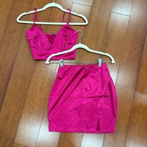 Pink satin crop top and skirt set